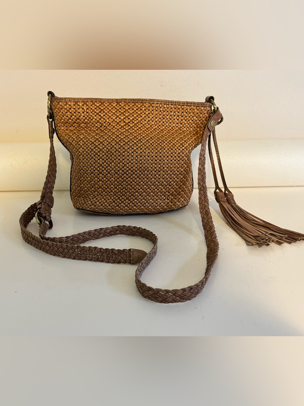 Patricia Nash Valbella Woven Leather Crossbody Bag - Tan